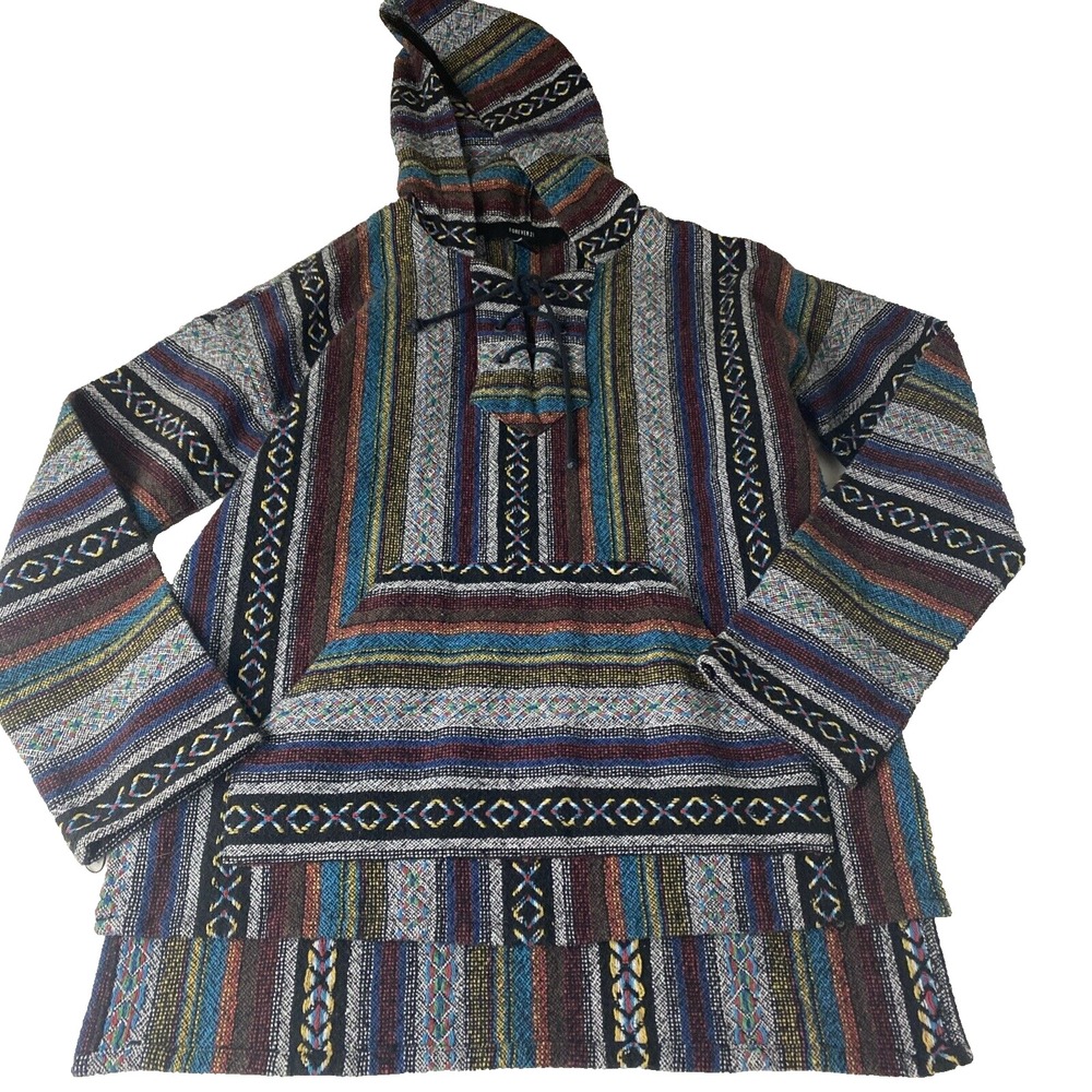 Womens M Baja Hoodie Drug Rug Multi-Color Hippy Blanket Sweater Forever 21